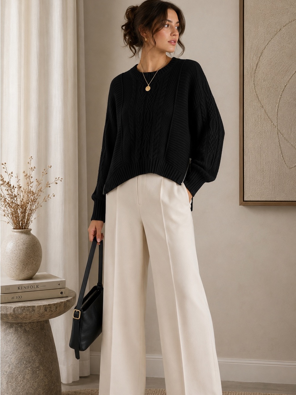 Skull Cashmere Black Cable Knit Wool Cashmere Side Zip Sweater Sz Small